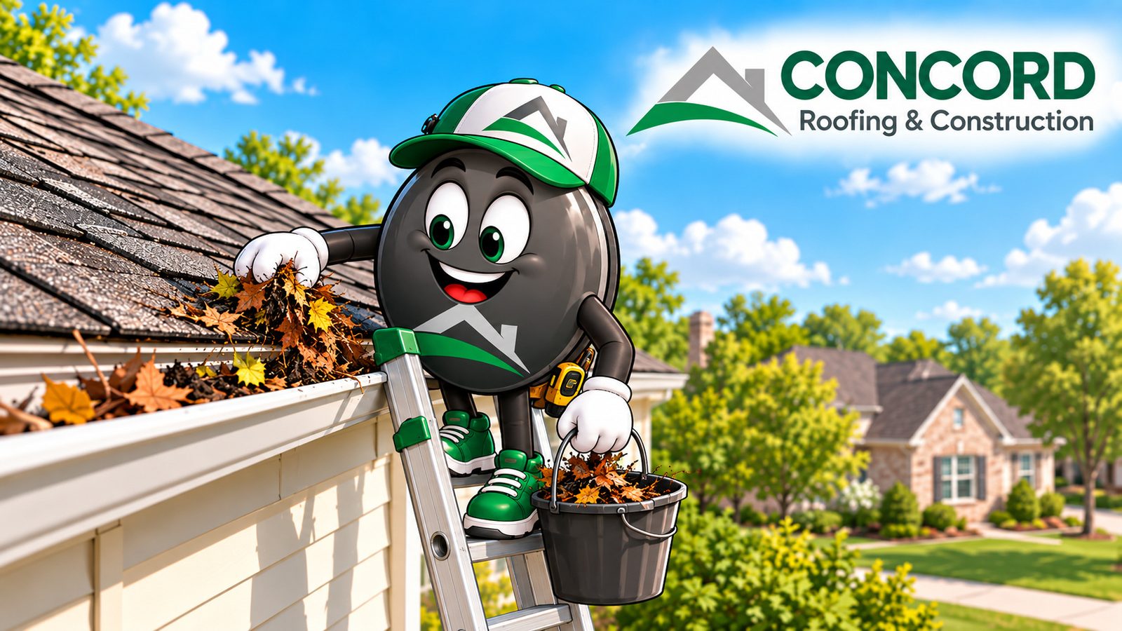 Concord Roofing & Construction mascot on a ladder clearing leaves out of a clogged rain gutter