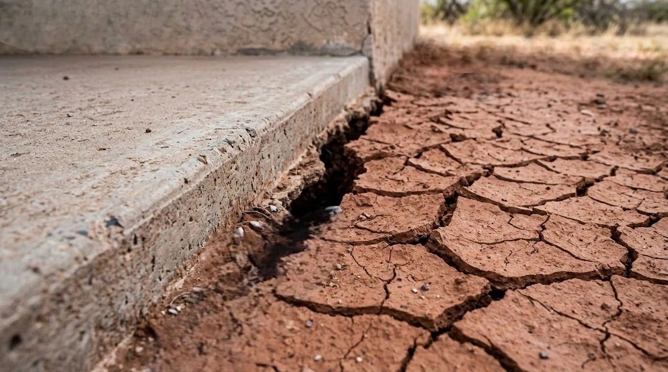 Dry, cracked clay soil shrinking and pulling away from a concrete slab foundation
