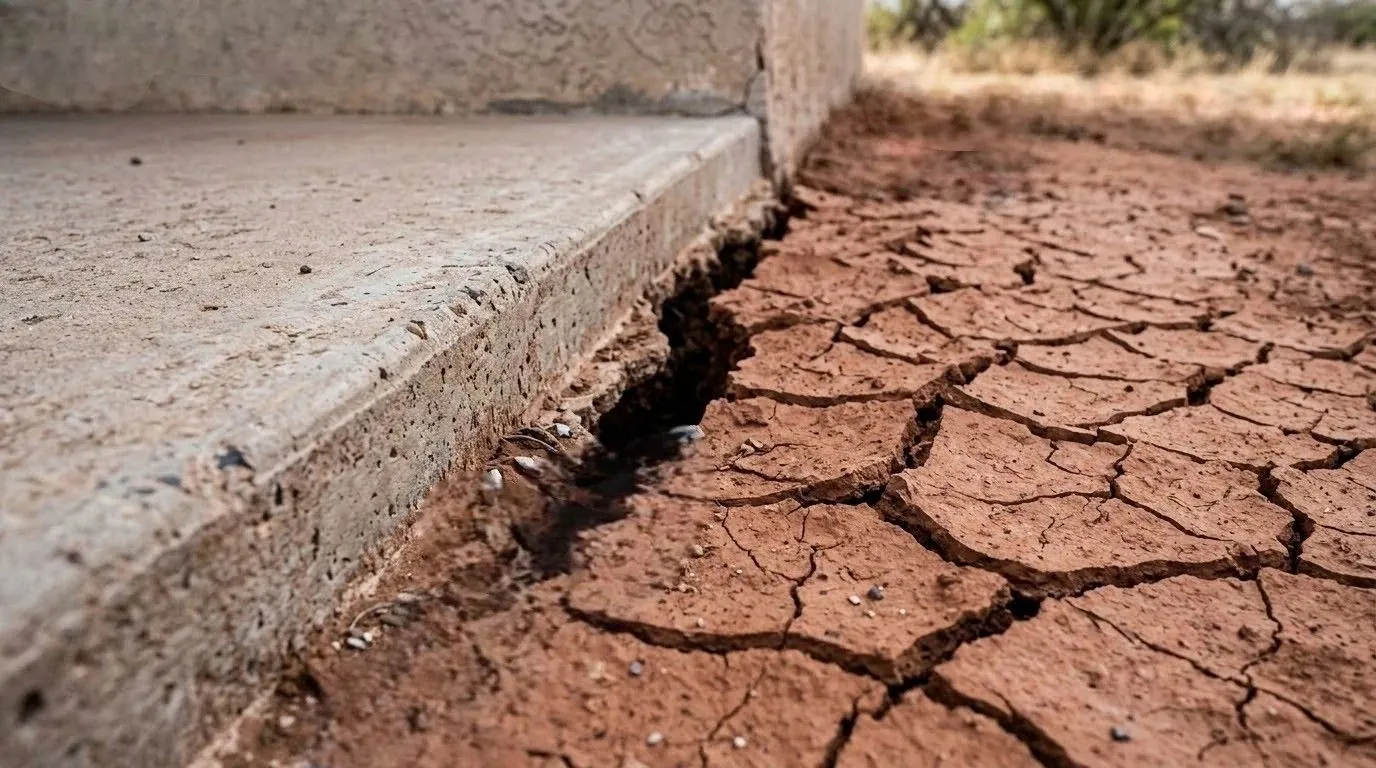 Dry, cracked clay soil shrinking and pulling away from a concrete slab foundation