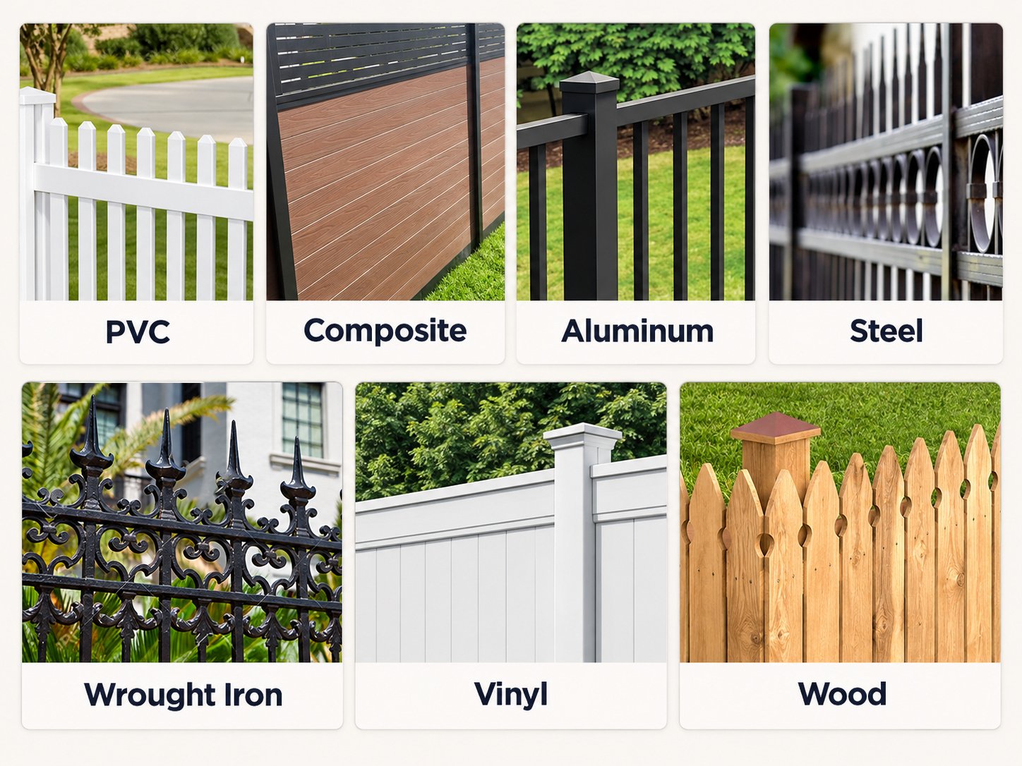 Fence material options: PVC, composite, aluminum, steel, wrought iron, vinyl, and wood