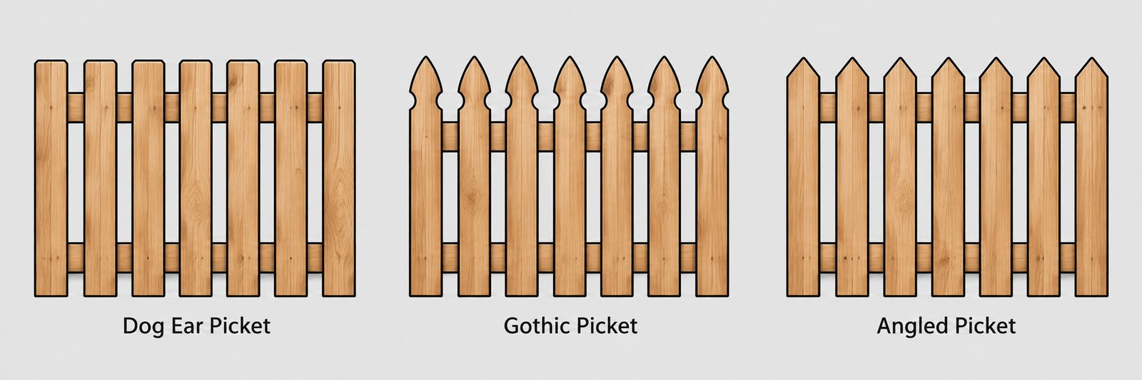 Illustration of dog ear, gothic, and angled picket fence top styles