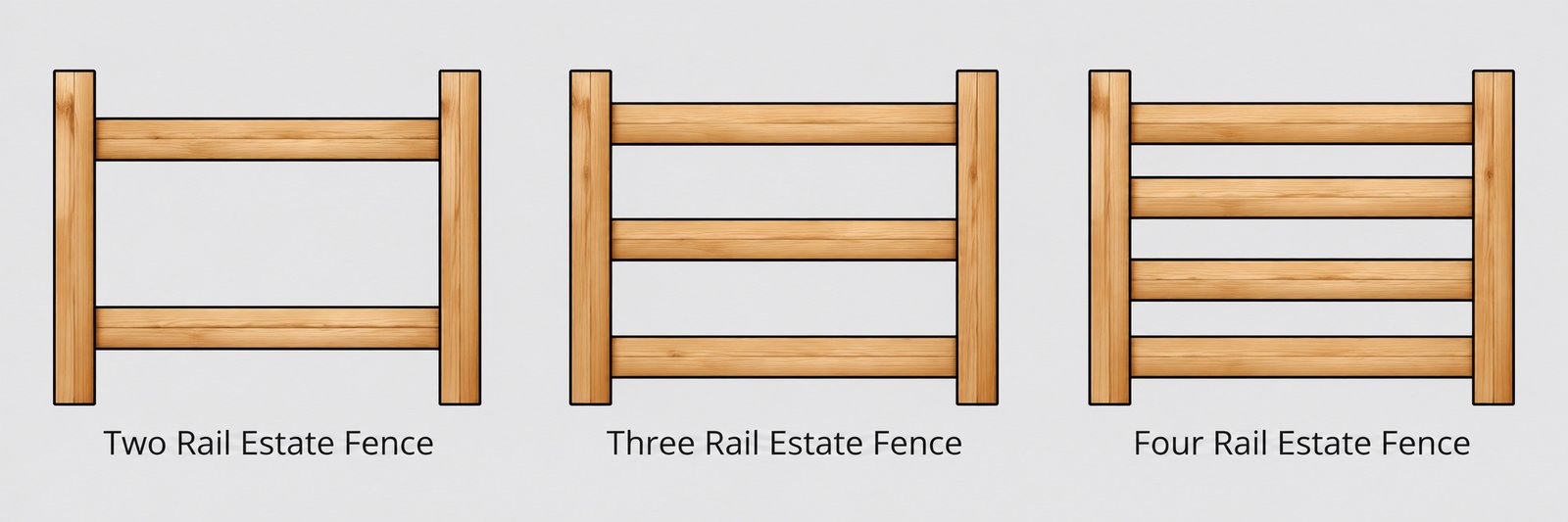 Illustration of two rail, three rail, and four rail estate fences