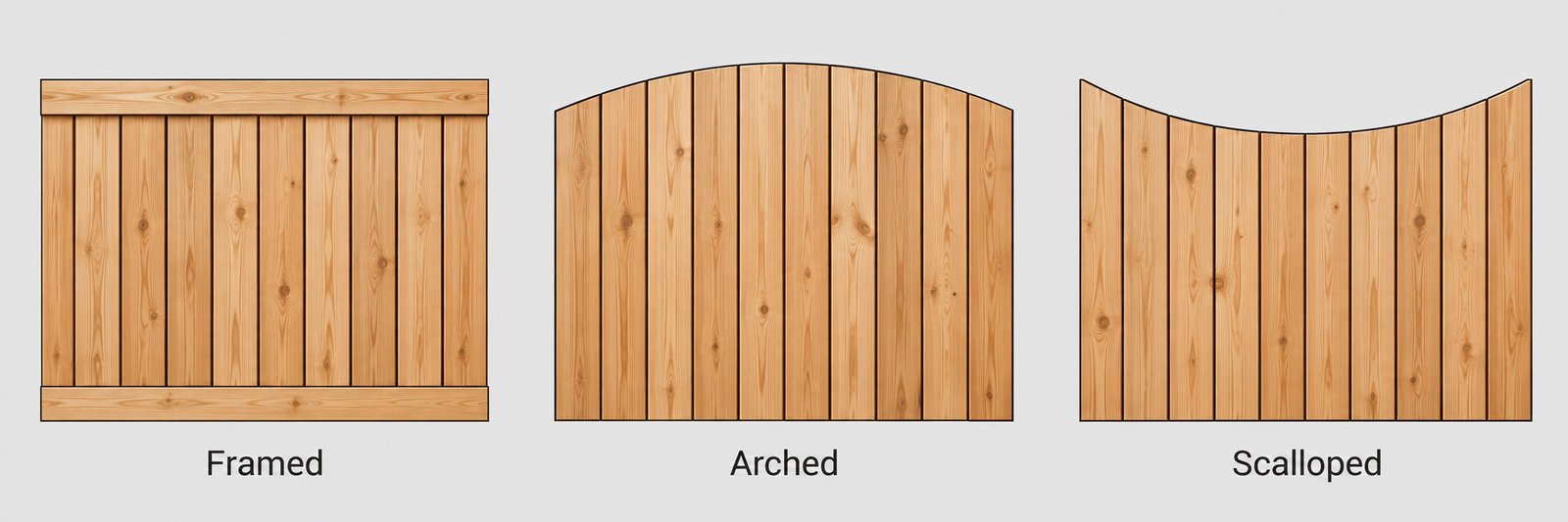 Illustration of framed, arched, and scalloped wood fence panels
