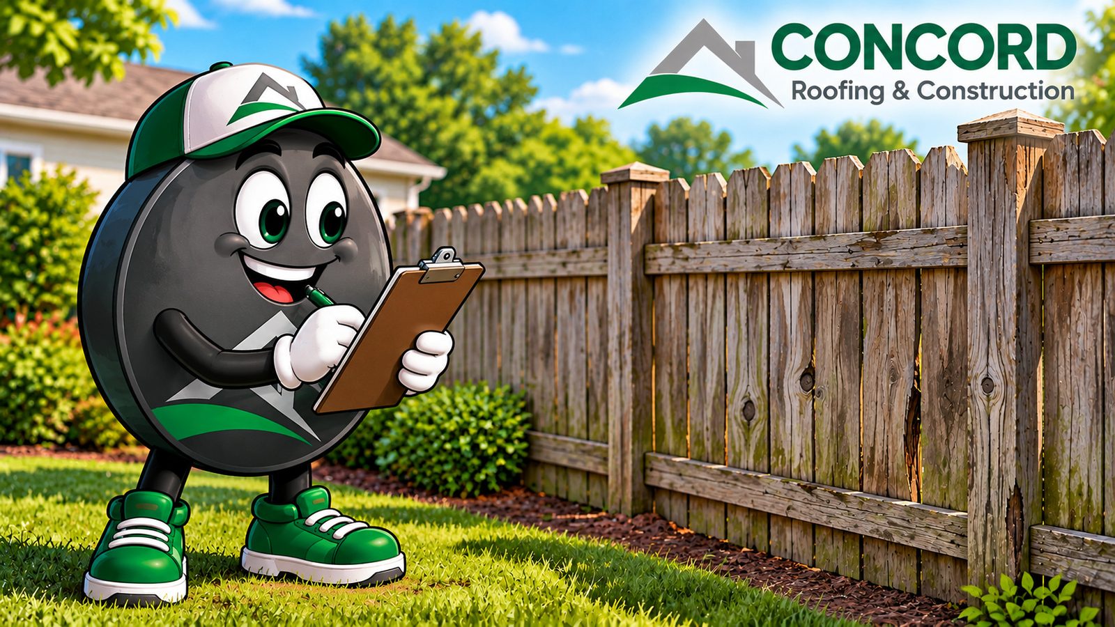Concord Roofing & Construction mascot inspecting an old wood privacy fence with a clipboard
