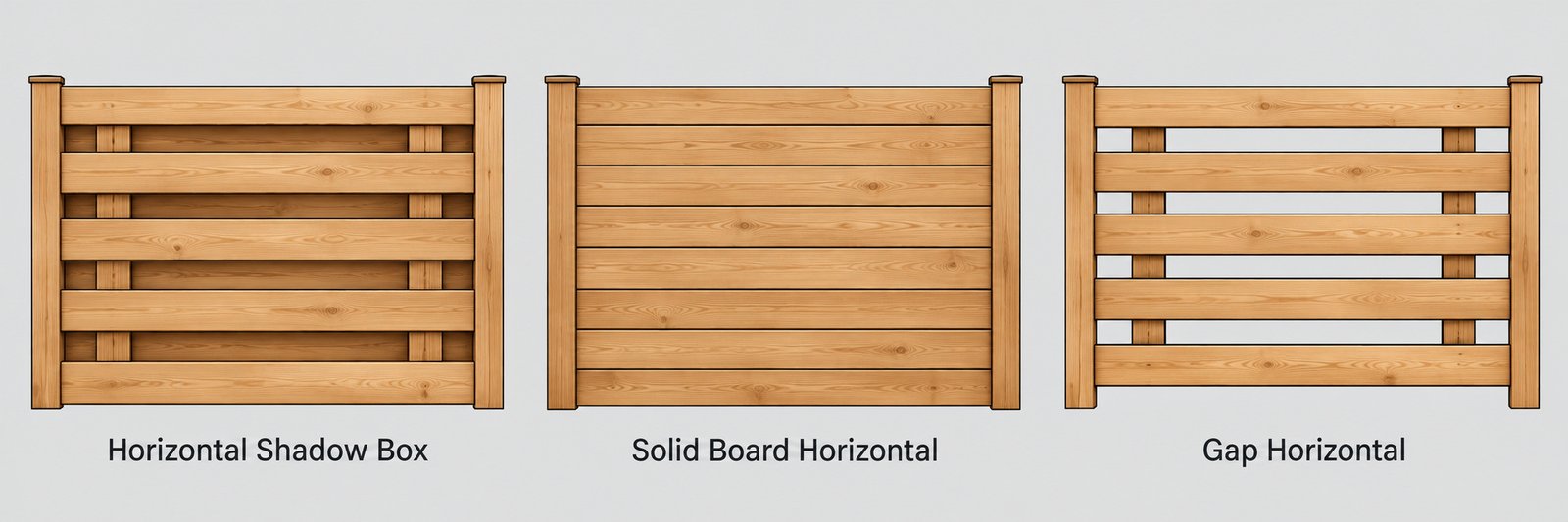 Illustration of horizontal shadow box, solid board horizontal, and gap horizontal fence styles