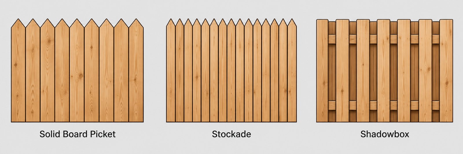 Illustration of solid board picket, stockade, and shadowbox privacy fence styles