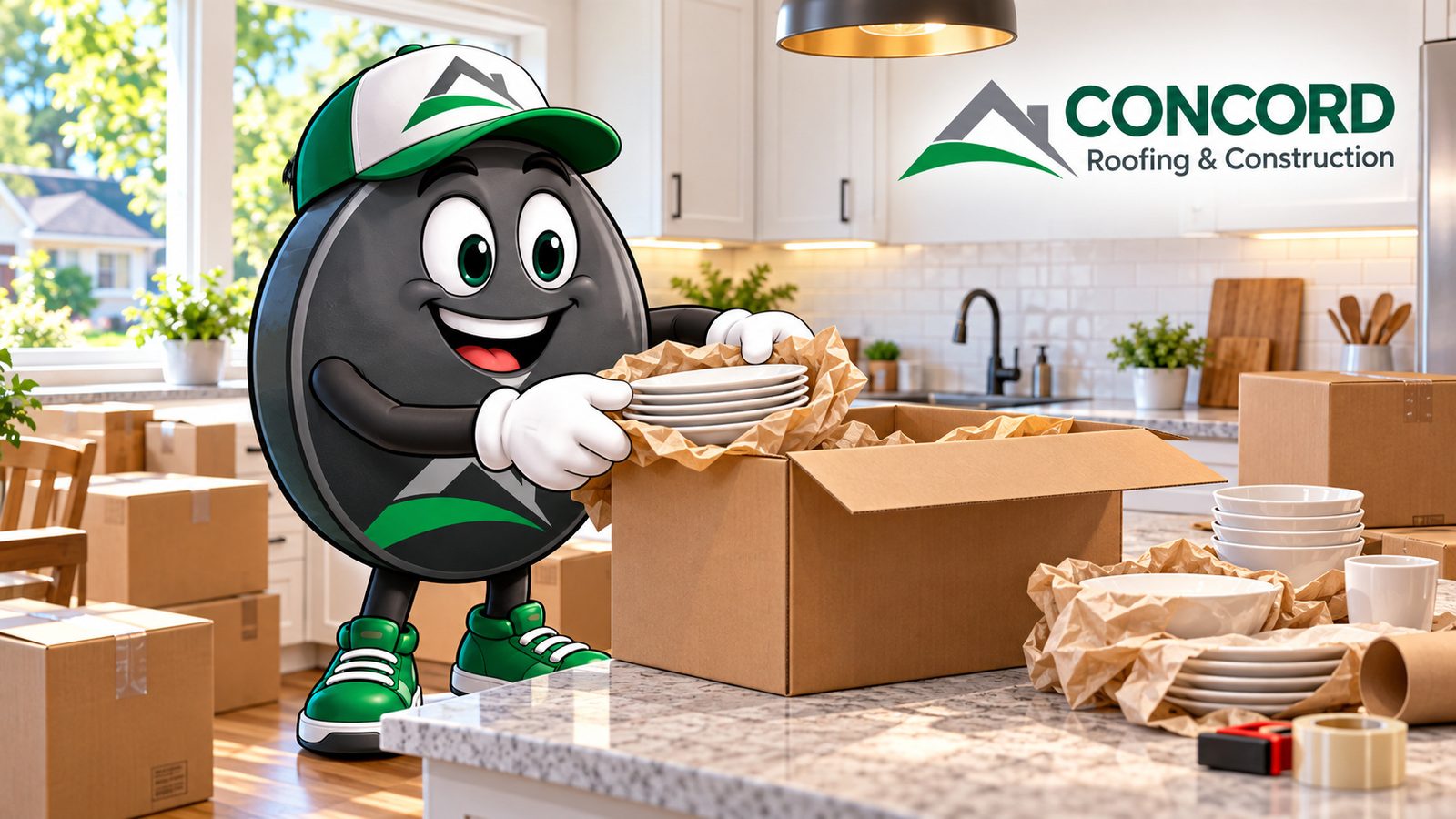 Concord Roofing & Construction mascot packing dishes into moving boxes to prepare a kitchen for remodeling