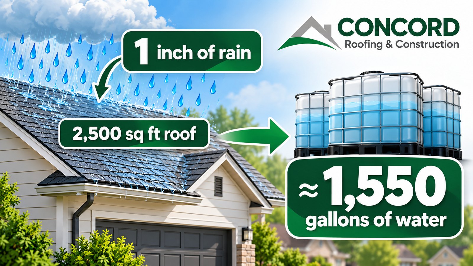Diagram showing one inch of rain on a 2,500 square foot roof equals about 1,550 gallons of water