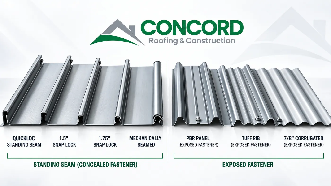 Diagram comparing standing seam concealed-fastener metal roof panels, including snap-lock and mechanically seamed, with exposed-fastener PBR, rib, and corrugated panels