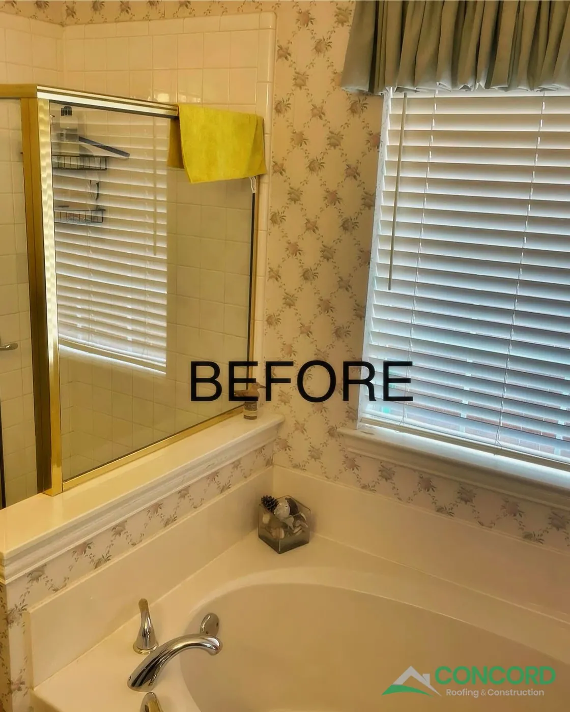 McKinney, TX master bathroom before the remodel, with a built-in tub and a gold-framed shower door